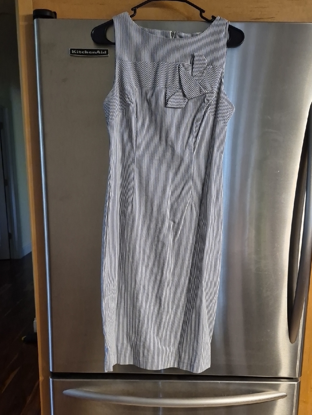 Calvin Klein Navy & White Striped Sheath Dress with Bow Neckline